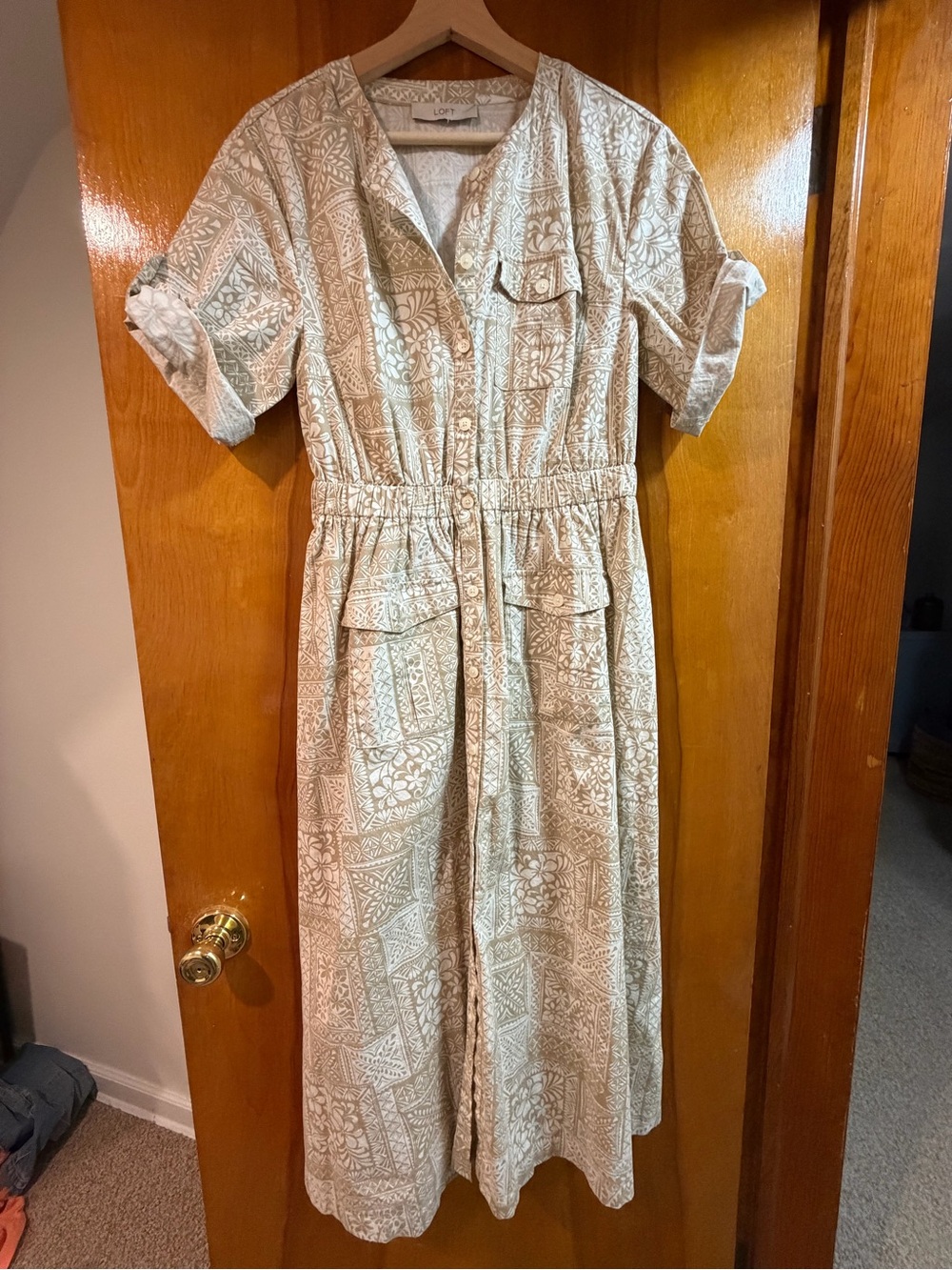 Casual Cream Printed Button-Front Midi Dress